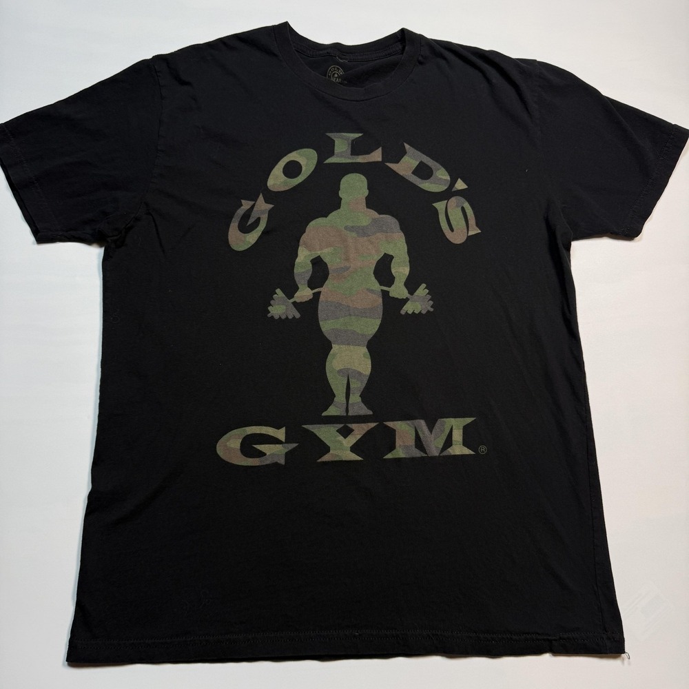 Gold's Gym Shirt Mens Large Black Camo Logo Graphic Tee Bodybuilding Workout
